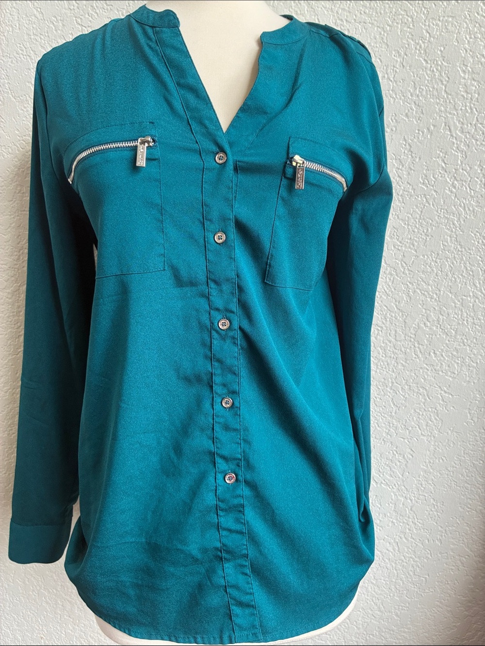 Calvin Klein Teal Long-Sleeve Button-Down Blouse with Zip Pockets